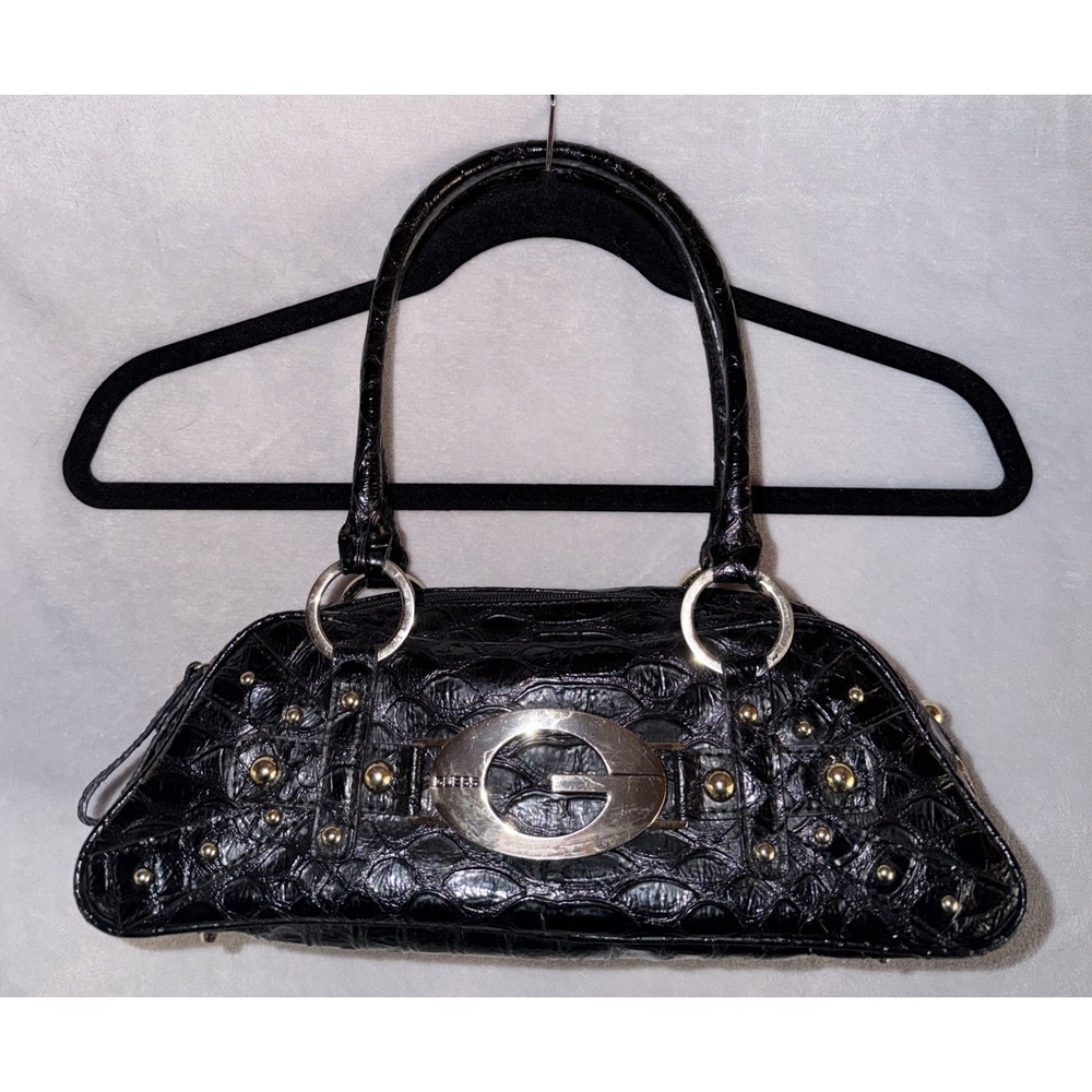 Y2K Guess Black‎ Croc Embossed Studded Shoulder Bag Large G Logo 2000s Purse